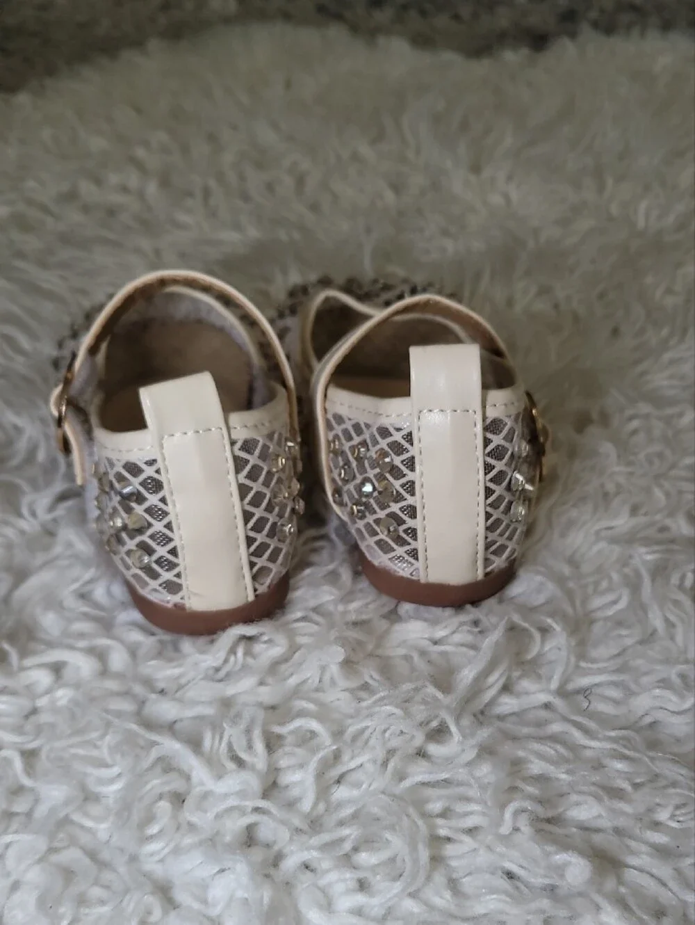 Kong Cream Rhinestone Mesh Mary Jane Shoes
